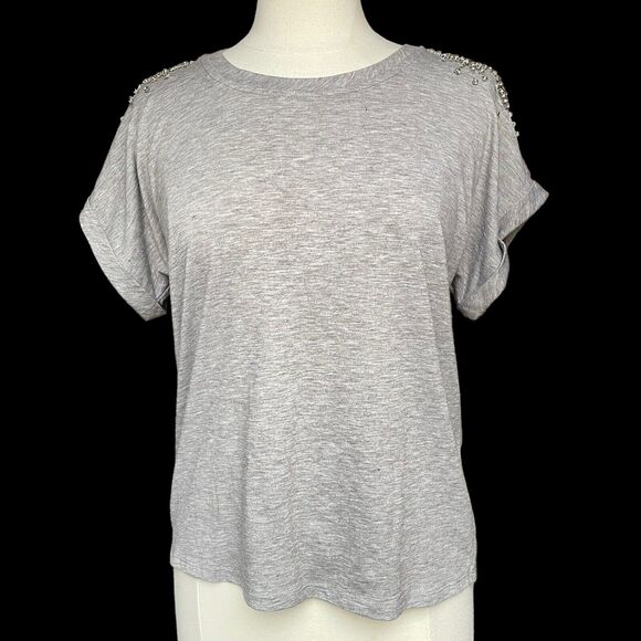 Anthropologie Sunday In Brooklyn Tee Top Sz S Gray Crystal Embellished Shoulder - Picture 2 of 9